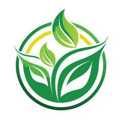 A vector graphic design featuring a green leaf logo with a circular frame and a yellow inner ring.