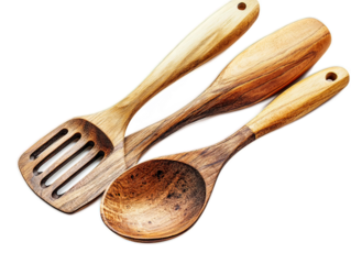 Natural wooden cooking utensil set including slotted spoon, spatula and mixing spoon with oil-finished handles, kitchen tools on white background