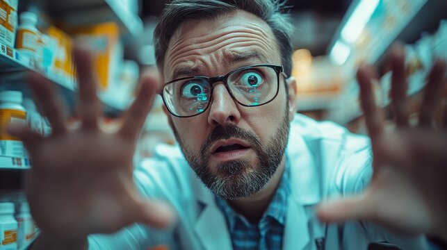 Pharmacist preparing personalized medications in a stateoftheart pharmacy close up, attention on precision, whimsical, composite, pharmacy shelves