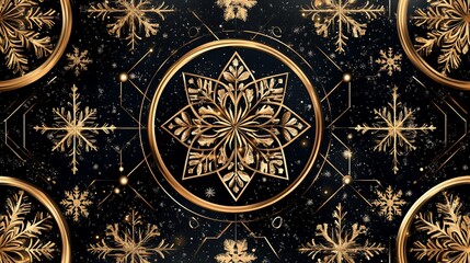 Elegant golden snowflakes on a dark background radiating cosmic new year beauty