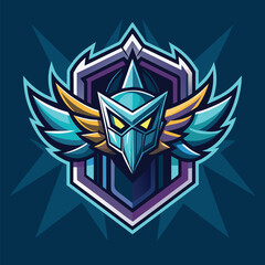 Blue and gold winged robot mascot logo with sharp eyes, beak-like nose, helmet, and outspread wings on a dark blue background.