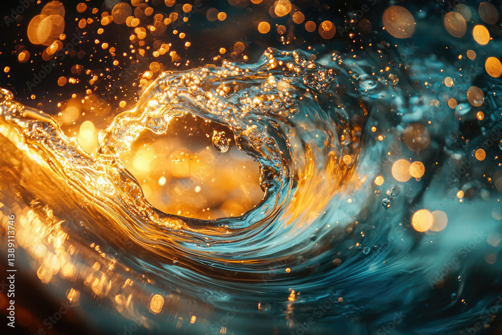 Poster a mesmerizing swirl of turquoise and gold water, illuminated by bokeh lights, creating a magical, et