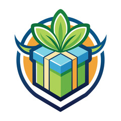 Logo design: green gift box with blue top, yellow ribbon, three green leaves on circular background - orange center, navy blue ring.
