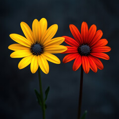 Two flowers growing side by side different, yet together. A symbol of companionship, mutual growth, and the beauty of standing strong together.