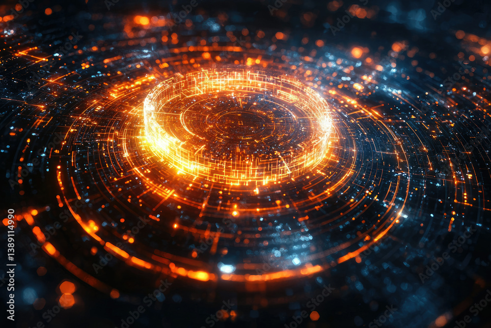 Poster Abstract digital artwork depicting glowing circular patterns and interconnected lines, representing technological advancement and data flow.