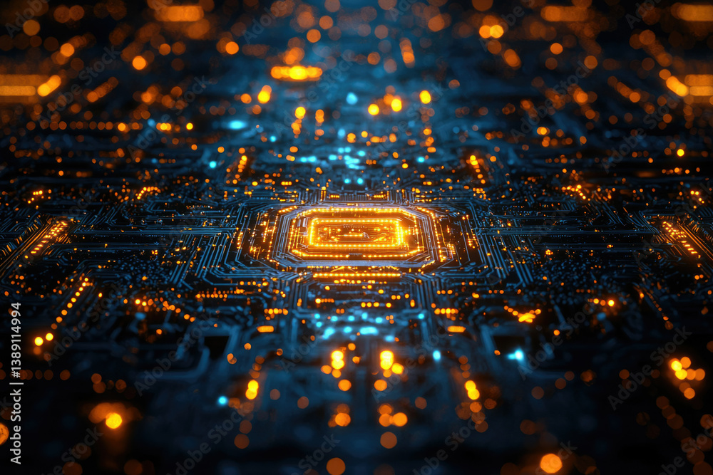 Poster Abstract close-up of a glowing circuit board, representing technology and digital innovation.