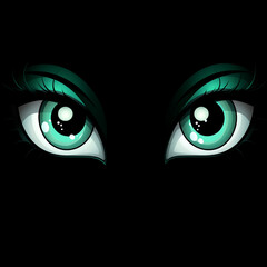 Intense Cartoon Eyes Staring from Darkness with Green Iris Detail. Haunted and Paranormal Themes Concept
