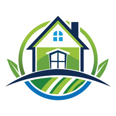 A green house with windows and a chimney is set against a blue circle with green grass stripes and two green leaves.