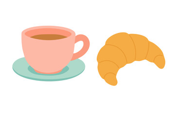 Cartoon cup of coffee with croissant. Cozy breakfast scene in pastel flat style illustration.