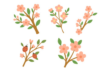 Five cartoon sakura branches with blooming flowers, green leaves and cute ladybugs in flat style.