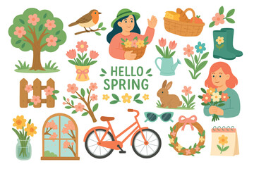 Bright spring set with flowers, tree, bicycle, bunny, watering can, people and decorations.