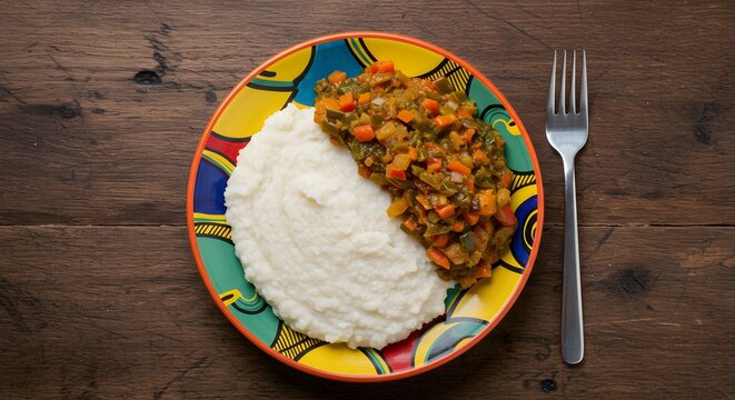African Cuisine Plate with Sadza and Vegetable Relish Meal