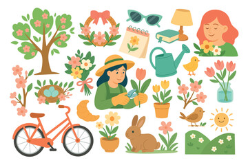 Cute spring gardening set with flowers, tools, birds, trees, animals, and seasonal elements.