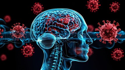 Conceptual 3D rendering depicting the COVID 19 virus attacking and infecting the human brain symbolizing the potential neurological impacts of the pandemic