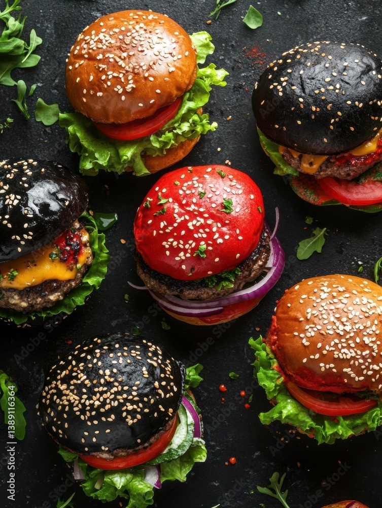 Poster Assorted colorful burgers with unique buns and fresh toppings under glowing ambient light