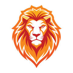 Obraz premium A digital illustration of a lion head in orange and red colors, facing forward, with a white background.