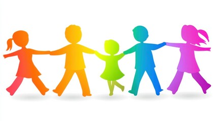 Colorful Silhouettes of Children Holding Hands in Friendship Circle