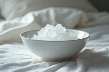 bowl of ice cubes on bed with soft natural light