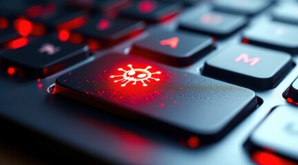 Close-up of a keyboard key featuring a virus icon illuminated in red, emphasizing technology and cybersecurity themes.