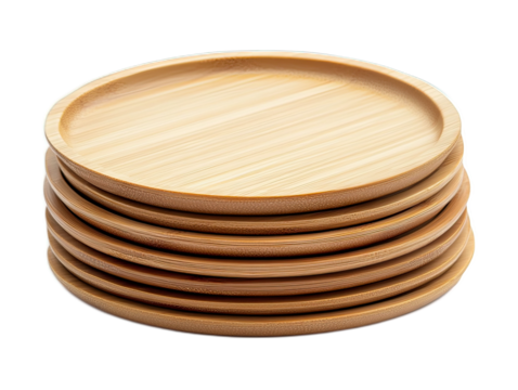 Bamboo compostable plates in various sizes, lightweight with slight natural color variations, party essentials on white background