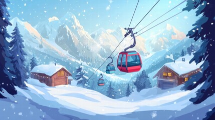Obraz premium Colorful ski cabin lift for mountain skiers and snowboarders moves in the air on a cableway,ski resort with snowy hill,Skiing and snowboarding,Active vacation weekend,Winter holiday.