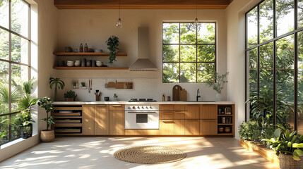 Modern kitchen with large windows and natural light in a bright indoor space kitchen, interior, design, natural, light, windows, wooden, cabinetry, open, shelving, appliances, greenery, bright,