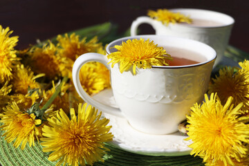  Dandelion tea with a fresh yellow flower inside a cup. Vitamin drink. Dandelion herbal tea for health.