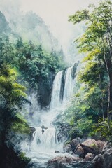 Obraz premium A beautiful watercolor painting depicts a cascading waterfall in nature