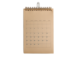 Recycled paper wall calendar with soy-based inks, spiral bound at top with wooden hanger on white background