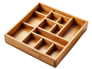 Bamboo drawer organizers in modular sizes, sustainable home organization solution with smooth edges on white background