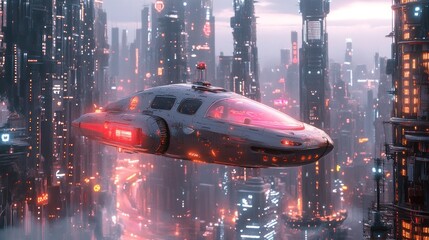 A futuristic hover car in a high-tech metropolis with chrome and neon pink highlights.