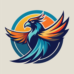 Obraz premium A vibrant logo design featuring a colorful bird with spread wings against a sun-like background. The birds feathers are depicted in shades of blue, orange, and yellow.