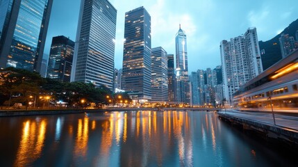 Obraz premium Stunning nighttime cityscape with illuminated skyscrapers glass towers and bridges reflecting in a river showcasing the vibrant financial and business district of a modern metropolitan city