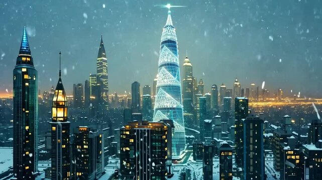 Snowy Cityscape at Night with Illuminated Skyscrapers