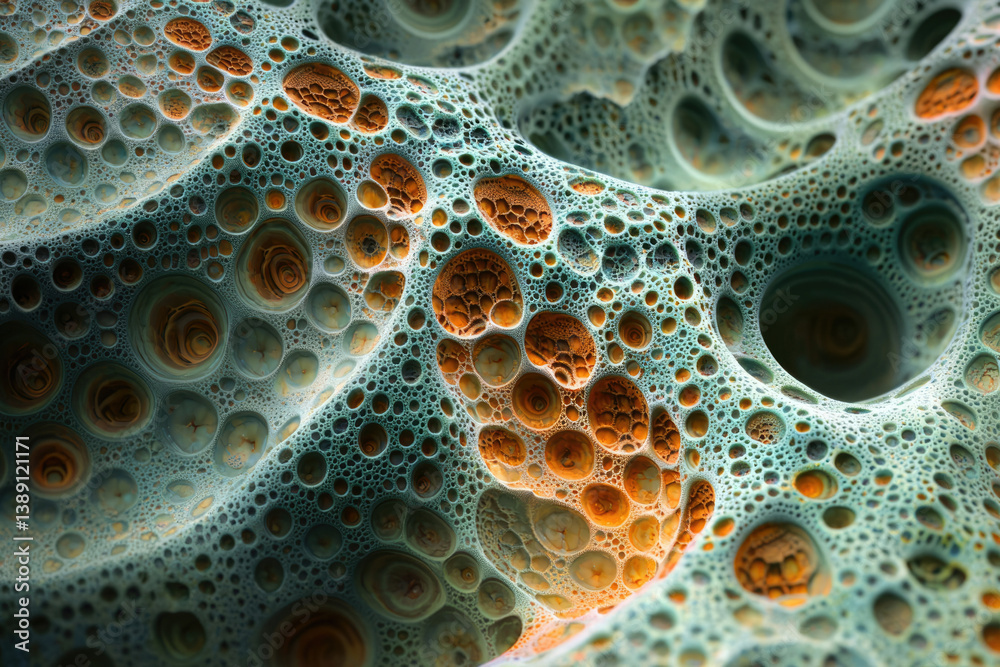 Aufkleber abstract 3d render of a porous, textured surface with teal and orange bubble-like formations.