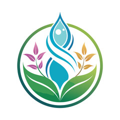 Obraz premium Logo of a water drop in circle with leaves, blue/teal drop, green leaves with pink/yellow. Symbolizes nature, life, & water.