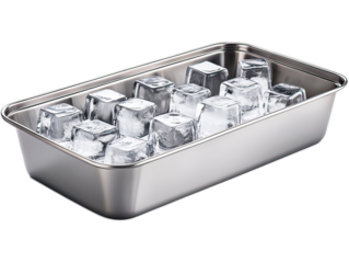 Stainless steel ice cube tray with lever release mechanism, plastic-free freezer accessory, reusable kitchen tool on white background