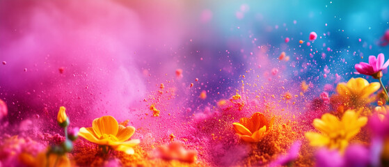 Colorful explosion of flowers creating vibrant dust in a dreamy landscape during sunset , flowers, petals, colors, powder, explosion, landscape, sunset, atmosphere, d