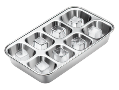 Stainless steel ice cube tray with lever release mechanism, plastic-free freezer accessory, reusable kitchen tool on white background
