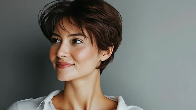 A close-up studio shot captures a woman with a radiant complexion and short, choppy brunette hair. She's dressed in an unbuttoned white shirt, her gaze directed off-camera with a subtle smile.