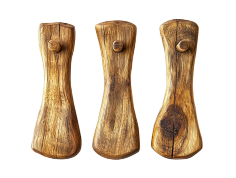 Wooden coat hooks made from reclaimed timber, set of three with varied grain patterns, sustainable home organization on white background