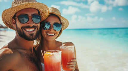 A happy couple in love enjoying cocktails on the beach, embracing a romantic summer vacation vibe, with the ocean and sunset in the background, creating a serene atmosphere.copy space,mockup, banner