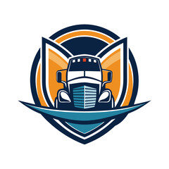 A vector illustration of a semi-truck logo design featuring a blue truck with headlights and a grill in front of an orange sunburst inside a blue shield with wings.