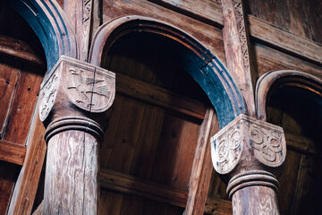 Wooden columns in the nave of Urnes Stave Church