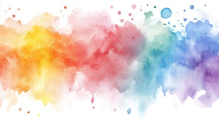 Obraz premium Vibrant hand-painted rainbow watercolor banner on white, showcasing vivid paint splashes, flowing gradients, and artistic fluid textures