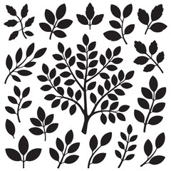 Tree Brunch Silhouettes Icon Set Isolated. Black and White Twig with Leaves Collection. Design Decorative Elements. Spring, Summer Leaves, Brunches, Plants, Leaves, Herbs. Silhouette Vector Black