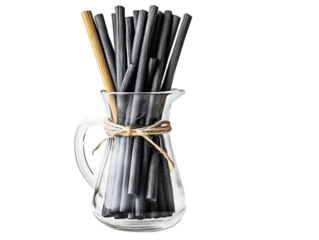 Bamboo charcoal water filter sticks in glass carafe, natural water purification system on white background