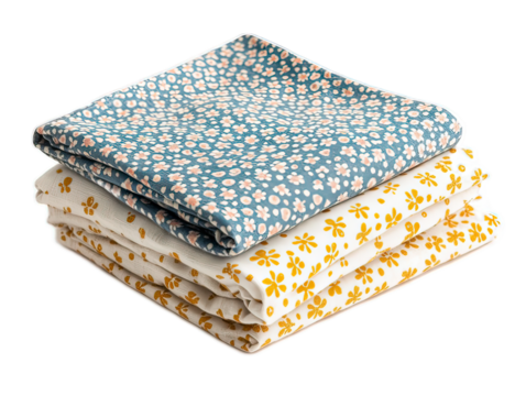Organic cotton tea towels with vegetable-based dye patterns, set of three folded neatly, kitchen essentials on white background
