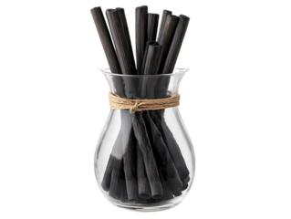 Bamboo charcoal water filter sticks in glass carafe, natural water purification system on white background