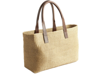 Natural sisal market bag with leather handles, shopping essential with structured bottom on white background
